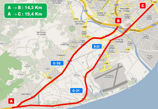Mapa de les carreteres on s'aplicar&agrave; la velocitat variable a partir del 15 de gener de 2009 (C-31 i C-32)